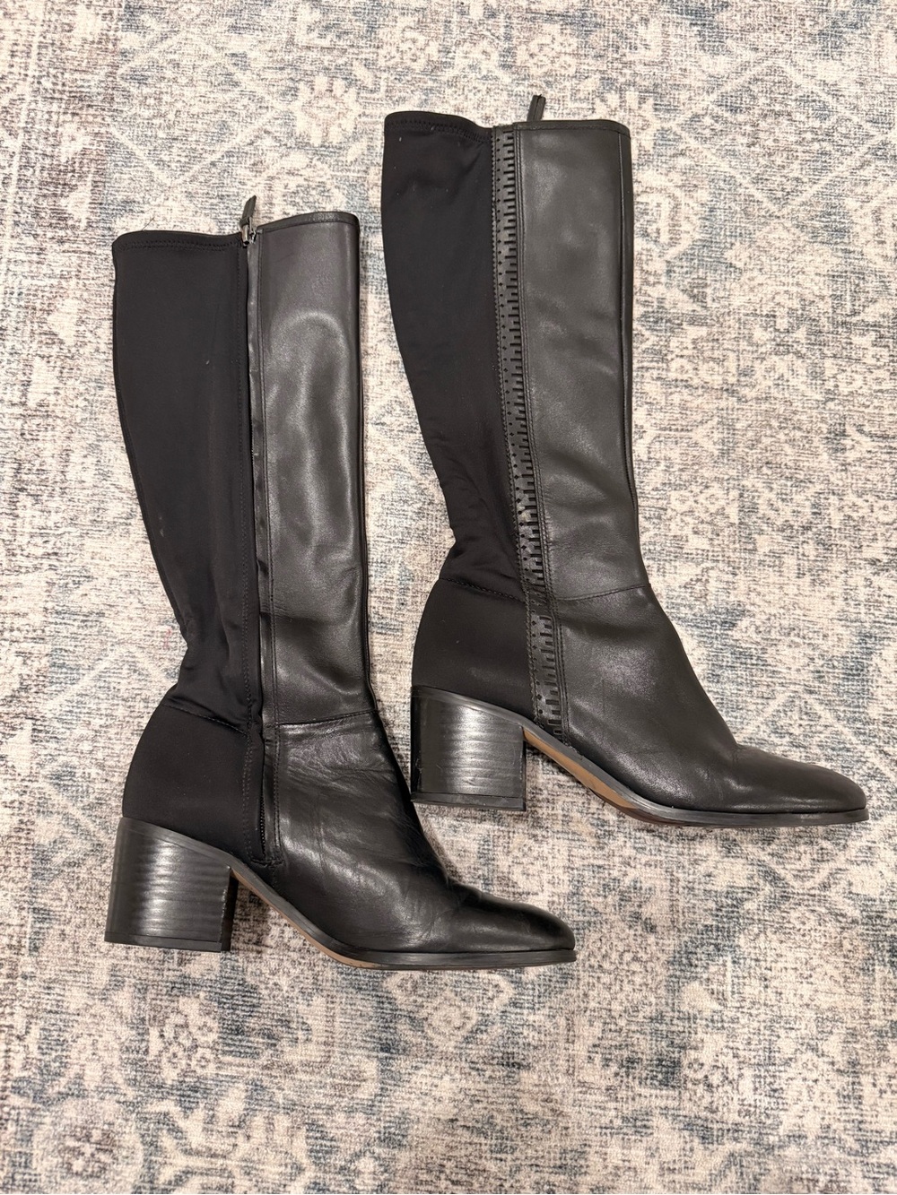 Franco Sarto Black Leather & Stretch Knee-High Block Heel Boots